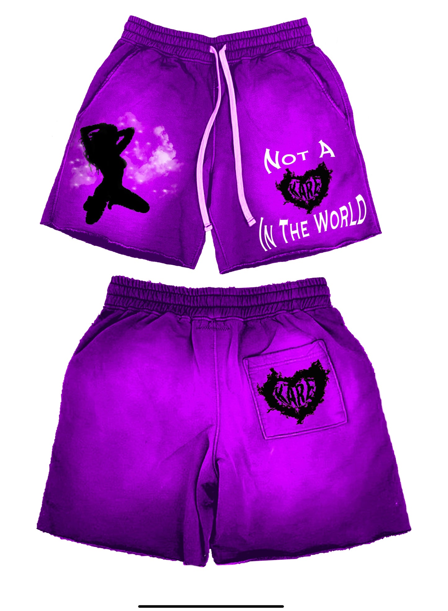 “Not A Kare In The World” acid washed shorts