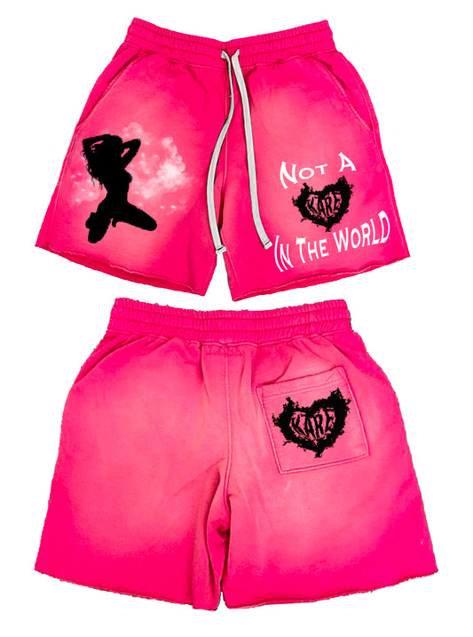 “Not A Kare In The World” acid washed shorts