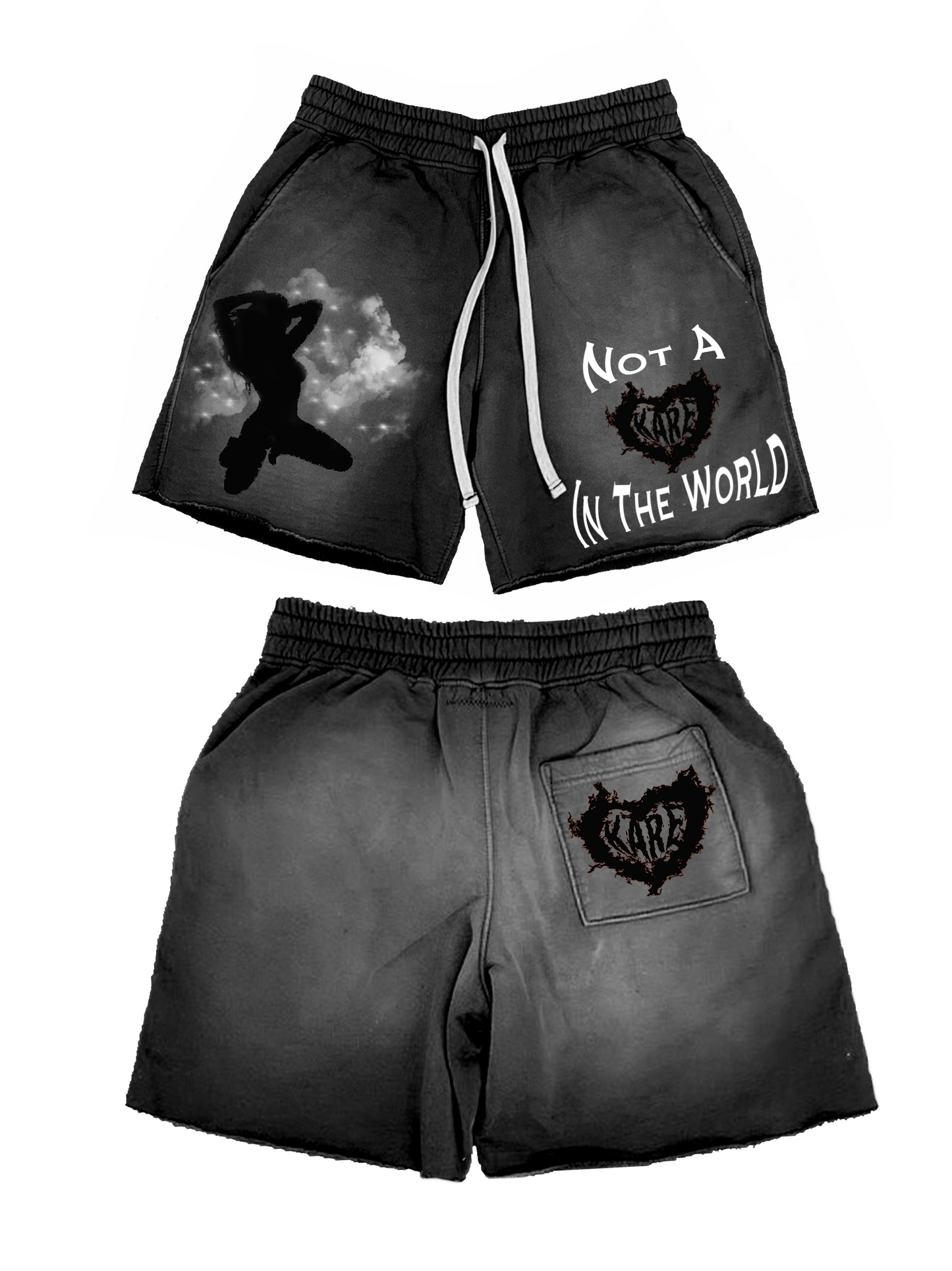 “Not A Kare In The World” acid washed shorts
